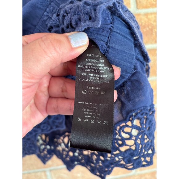 Anne Fontaine Evita Navy Blue Cotton Lace 3/4 Sleeve Blouse Embroidered Design - Picture 7 of 11